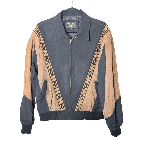 Vtg Scully Western Leather Suede Jacket Mens M Black Tan Zip Aztec - Picture 1 of 16